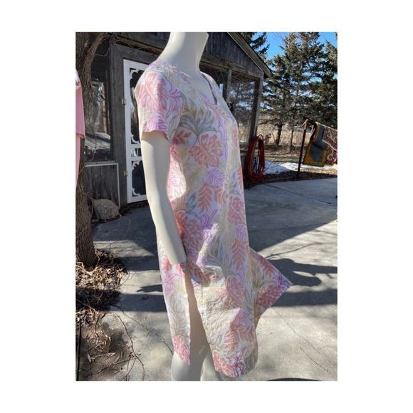 Pastel Botanical Print Tunic Dress Kurta Short Sleeve Gold Embroidery V-Neck - Picture 8 of 12